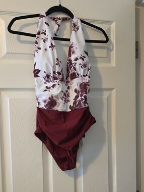 Floral Halter One-Piece Swimsuit in White and Burgundy